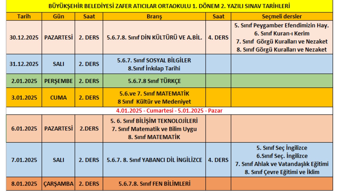 1.Dönem 2. sınavlar Sınav Takvimimiz Belli Oldu